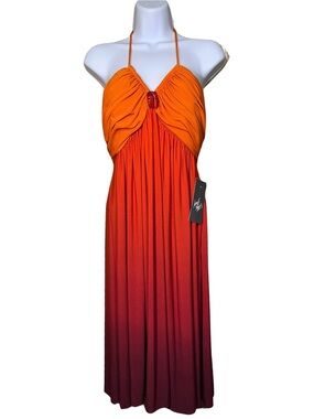 Y2K Morgan McFeeters Sunset Ombre Halter Midi Dress Jewel Brooch Size 10 NWT